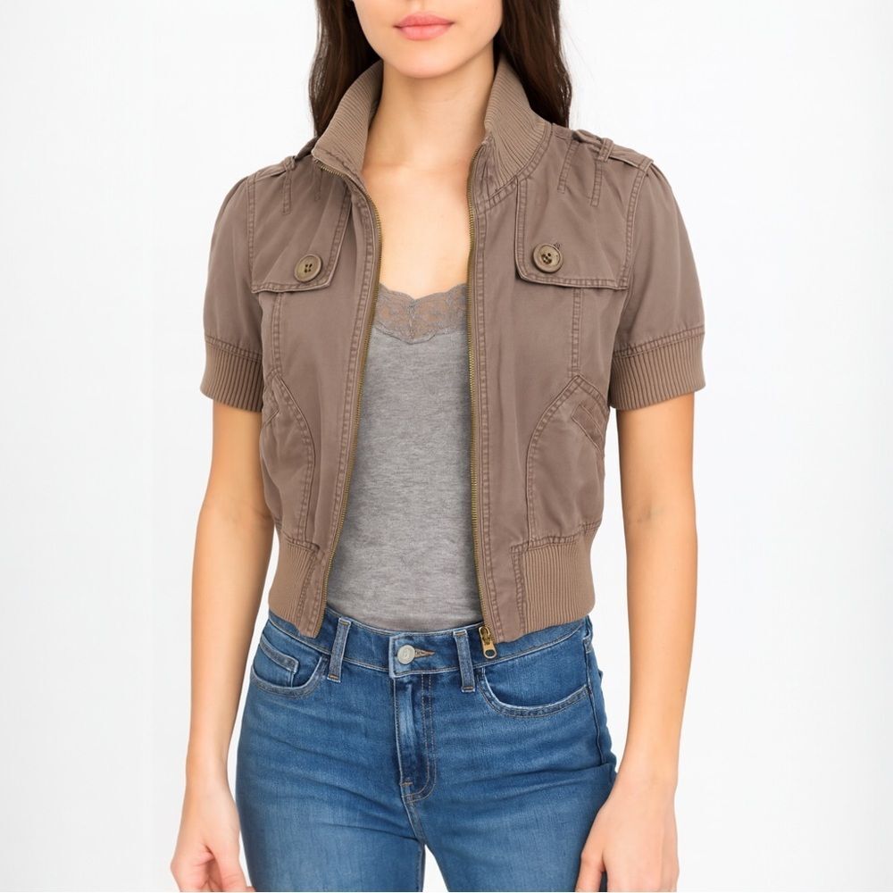 VTG Y2K Aeropostale Short Sleeve Utility Jacket Brown Zip Front Size Large 2000s